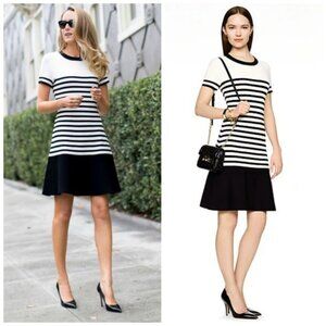 Kate Spade drop waist Scuba dress XXS black ivory stripe fit & flare